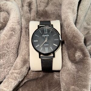 Geneva Black Leather Strap Watch Modern Classic Design